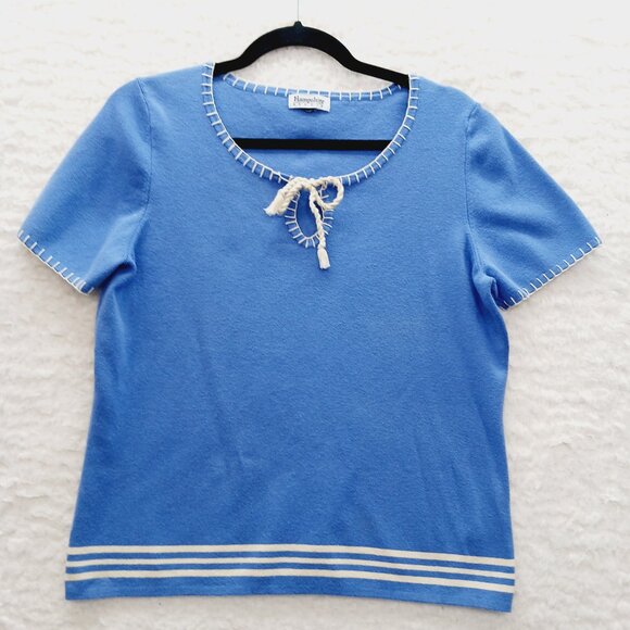 Sweater Blouse Size M Blue Stripe Tie Sailorcore Resort Coastal Grandma Preppy - Picture 1 of 13